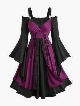 Rosegal Платье большого размера с расклешенными рукавами, шнуровкой и кружевной отделкой, двухцветное, многослойное, винтажное, А-силуэта XL