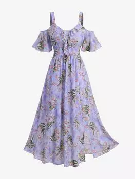 Rosegal Платье размера плюс с принтом роз, листьев и оборками, открытыми плечами 2XL светло-фиолетовый