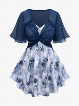 Rosegal Плюс размер Акварельный принт розы Кружевная отделка Топ на бретельках со складками и оборками Твист-блузка 3XL синий