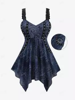 Rosegal Plus Размер Асимметричная майка с карманами и кружевными ремешками с цветочным принтом и рваными заклепками XL синий