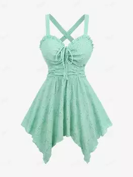 Rosegal Plus Размер Асимметричная текстурированная майка с перекрещивающимися ушками и вышивкой, с вышивкой и оборками M светло-зеленый