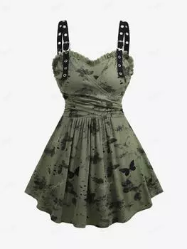 Rosegal Plus Размер Бабочка Чернильная живопись Принт С рюшами и оборками Люверсы Ремни Ребристая текстурированная майка L зелёный