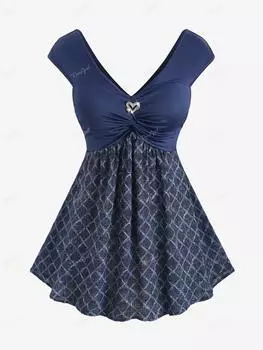 Rosegal Плюс Размер Блестящая Майка 2 в 1 с пряжкой в виде сердца в клетку с принтом и рюшами L синий