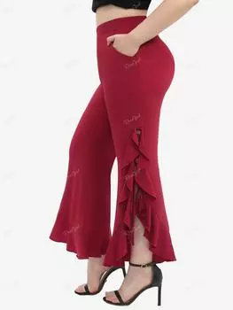Rosegal Плюс размер Боковые шнуровки с плетеными воланами и карманами на подоле Однотонные брюки Bootcut M красный
