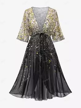 Rosegal Плюс Размер Брызги Краски Сверкающие Блестки 3D Принт Сетка Высокая Низкая Застежка Купальник Накидка M чёрный