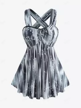 Rosegal плюс размер Bubble Ombre Блестящий топ на бретельках с 3D принтом и кружевной отделкой, перекрещивающимися бретелями L синий