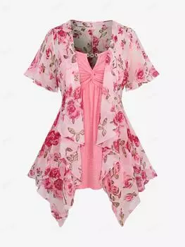 Rosegal Плюс Размер Цепочка Вставка Твист Топ на бретельках с цветочным принтом и оборками в виде листьев Асимметричный кардиган с открытой передней частью Шифоновый топ L светло-розовый