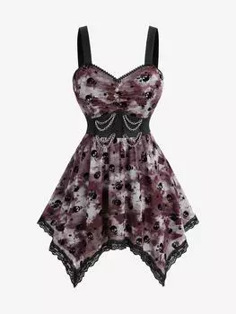 Rosegal Плюс Размер Череп Звезда Флокированный Tie Dye Принт Сетка Кружевная Отделка Рюшами Цепи Панель Майка L чёрный
