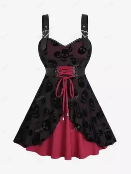 Rosegal Плюс Размер Черепа Флокированная Сетка Многослойная Шнуровка Из Искусственной Кожи Майка с Люверсами и пряжкой в форме сердца L чёрный