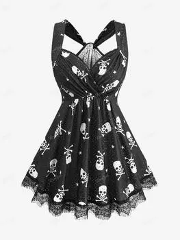 Rosegal Плюс размер Черепа Звездный принт Surplice Майка с рюшами и кружевной отделкой L чёрный