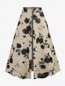 Rosegal Plus Размер Чернила Роза Цветок Текстурированная молния Рваная юбка трапециевидной формы L света кофе