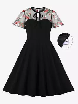 Rosegal Плюс Размер Цветочная Вышивка Прозрачная Сетка Лоскутная Галстук Винтажное Платье 4XL чёрный