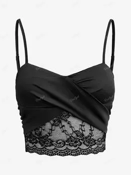 Rosegal Плюс размер Цветочные кружевные вставки Пэчворк Открытая спина Перекрестный укороченный топ на бретельках(Регулируемый плечевой ремень) L чёрный