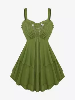 Rosegal Plus Размер Цветочный декор с цепочкой и оборками Многослойная шифоновая майка со складками L зелёный