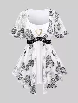 Rosegal Плюс размер Цветочный принт Кружева Полое сердце Пряжка Топ 2 в 1 со складками XL белый