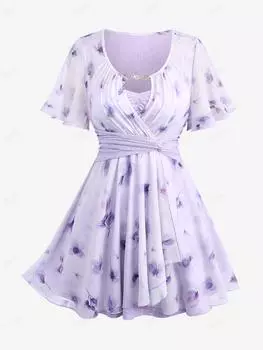 Rosegal Plus Размер Цветочный принт с цепочкой и оборками Топ с тюльпаном и складками по подолу L светло-фиолетовый
