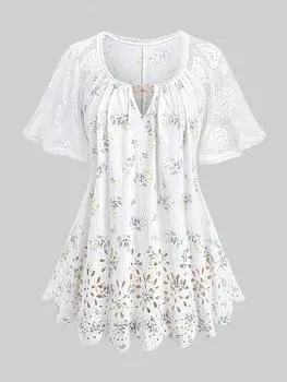 Rosegal Плюс размер Цветочный принт с лазерной резкой и зубчатой пряжкой Вязаный крючком рукав с замочной скважиной и сердцем L белый