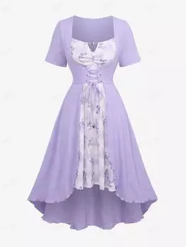 Rosegal Plus Размер Цветочный принт с тиснением и цепочкой-бабочкой со рюшами на шнуровке с люверсами и оборками Текстурированное платье с высоким и низким вырезом 4XL фиолетовый