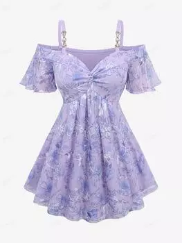 Rosegal Плюс размер Цветочный принт Вышивка Твист Жемчужная пряжка Топ с открытыми плечами M светло-фиолетовый