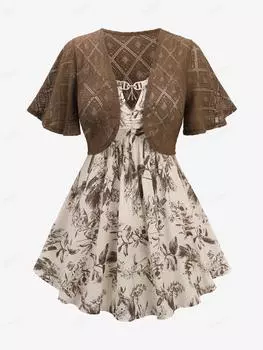 Rosegal Plus Размер Цветочный принт в виде листьев Топ на бретельках со складками и кружевной блузкой с открытым передом, связанной крючком L кофейный