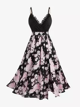 Rosegal Плюс Размер Цветочный Принт Жаккард Разрез Сюрплайс Блестящий Пряжка Платье-Танцор На Топе(Регулируемый плечевой ремень) 2XL чёрный