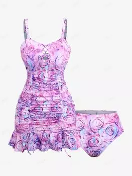 Rosegal Plus Размер Цветок розы Блестящий 3D-принт Комплект танкини на шнуровке со складками и оборками M фиолетовый