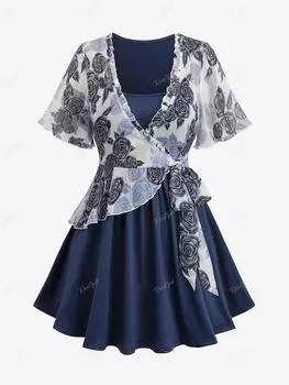 Rosegal Плюс размер Цветок розы с позолотой и принтом Связанный топ 2 в 1 L синий