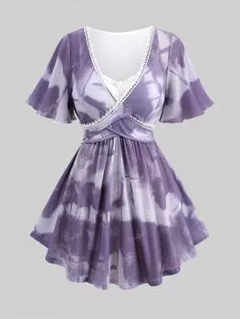 Rosegal Плюс размер Цветок розы Жаккардовая кружевная отделка Перекрестный топ с омбре и рюшами 2 в 1 3XL фиолетовый