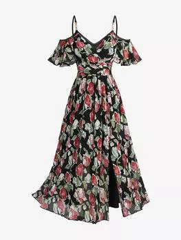 Rosegal Плюс Размер Цветы Лист Принт Кружевная Отделка Сюрплик Застежка Открытые Плечи Разрез Платье 2XL чёрный