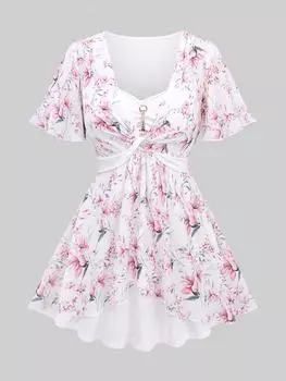 Rosegal Plus Размер Цветы Принт листьев Цепочка Кружевная отделка Подол-тюльпан Топ 2 в 1 L светло-розовый