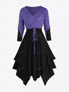 Rosegal Plus Размер Двухцветное платье-свитер на шнуровке в стиле пэчворк с перекрещенными вставками и асимметричной текстурой в рубчик 3XL фиолетовый