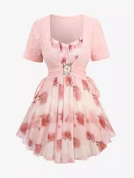 Rosegal Plus Размер Флокированная сетка с принтом цветов розы и пряжкой подсолнечника, оборками, топом 2 в 1 со складками L светло-оранжевый