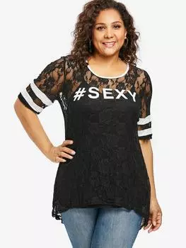 Rosegal Plus Размер Футболка с буквенным принтом и цветочным кружевом с глубоким вырезом и короткими рукавами L чёрный