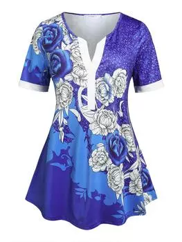 Rosegal Plus Размер Футболка с надрезом и цветочным принтом L синий/глубокий