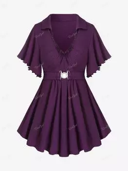 Rosegal Plus Размер Футболка с пряжкой и рюшами и рукавами-бабочками L глубокий/фиолетовый