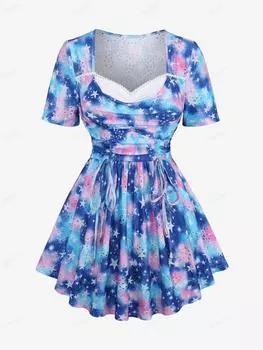 Rosegal Плюс размер Galaxy Tie Dye Звездный принт ажурный топ с кружевной отделкой L синий