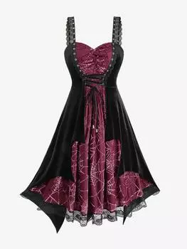 Rosegal Плюс Размер Хэллоуин Люверсы шнуровка паутина флокирование фестончатая кружевная отделка бархатное платье-майка 2XL чёрный