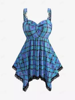 Rosegal Плюс размер Клетчатая футболка с черепами и кружевной отделкой Асимметричная майка с вырезами L синий