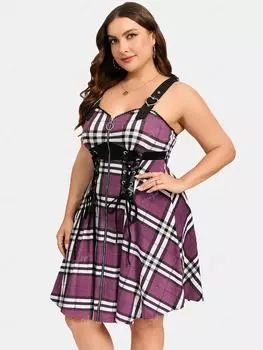 Rosegal Плюс размер Клетчатое платье на шнуровке на молнии с пряжками в форме сердца Платье-комбинация 2XL фиолетовый