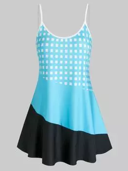 Rosegal Плюс Размер Клетчатый Контрастный С Открытой Спиной Туника Топ Cami L светло-синий