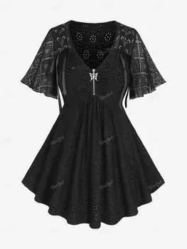 Rosegal Плюс Размер Клетчатый Кружева с развевающимися рукавами на шнуровке Бабочка на молнии с ушками ажурный жаккардовый вышитый однотонный топ L чёрный