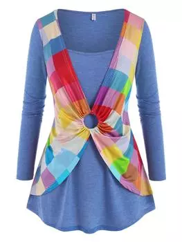 Rosegal Плюс Размер Клетчатый O Кольцо Twofer Футболка L синий