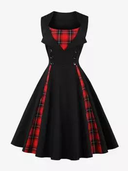 Rosegal Плюс Размер Клетчатый Принт Лоскутные Пуговицы Винтажное Платье 1950-х годов 3XL чёрный