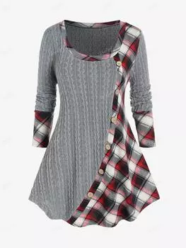 Rosegal Плюс Размер Комбинированная футболка в клетку косой вязки S серый