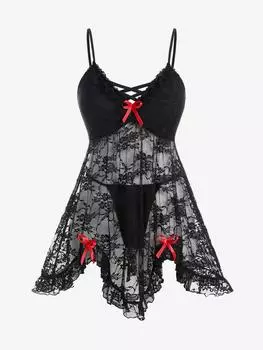 Rosegal Plus Размер Комплект Babydoll с кружевными вставками и бантиками M чёрный