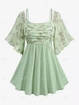 Rosegal Plus Размер Кружева с цветочной вышивкой и принтом бабочек, текстурированный топ со сборками L зелёный