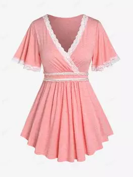 Rosegal Плюс Размер Кружевная отделка Искусственный жемчуг Футболка с короткими рукавами L светло-розовый