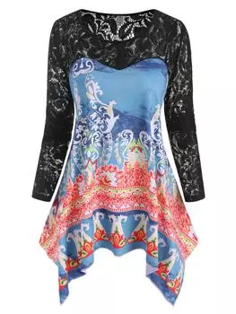 Rosegal Plus Размер Кружевная вставка Платок с дамасским принтом Футболка L синий/чёрный