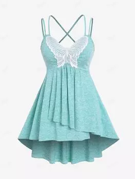 Rosegal Плюс размер Кружевная вставка с бабочкой Space Dye Высокий низкий топ-туника L зелёный