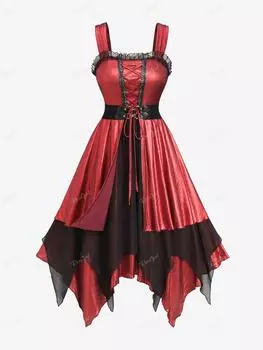 Rosegal Plus Размер Люверсы на шнуровке с оборками Носовой платок с кружевной отделкой Сетчатое лоскутное блестящее платье 2XL глубокий/красный